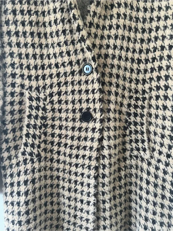 Houndstooth Knit Jacket Coatigan Small Tan Black Quiet Luxury Old Money Layering - Image 3