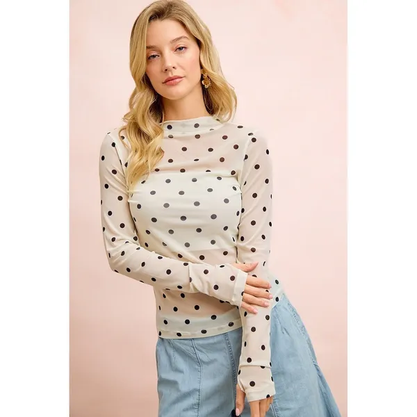 BiBi High Neck Line Polka Dots Mesh Top With Thumb Open - XLarge - Image 7