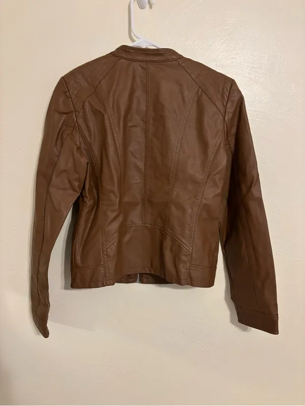 Vero Moda Cognac Faux Leather Moto Jacket L Quilted Zip - Image 8