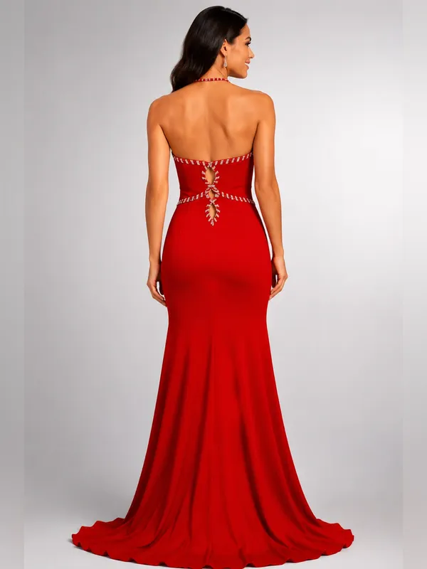 Alyce Paris Red Halter Maxi Dress Size 2 Beaded Keyhole High Slit NWT - Image 2