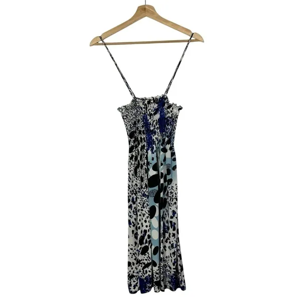 Boutique Prestige Edge Y2K Black & Blue Printed‎ Smocked Bust Midi Dress S - Image 2