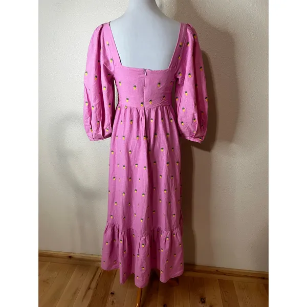 Farm Rio Pink Linen Embroidered Pineapples Tiered Midi Dress SMALL - Image 9