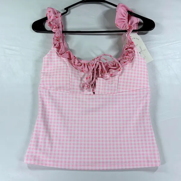 Blogilates Pink Gingham Ruffle Lace Up Tank Top Floral Trim Small NWT Balletcore - Image 3