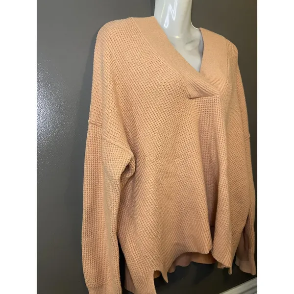 Aerie Sweater Womens Small Pink Waffle Knit Hooded V Neck Pullover Cozy Slouchy - Image 3