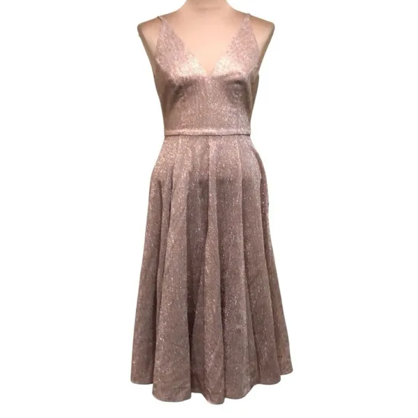 Dress the Population Delilah Rose Gold Metallic Midi Dress S Wedding Guest - Image 2