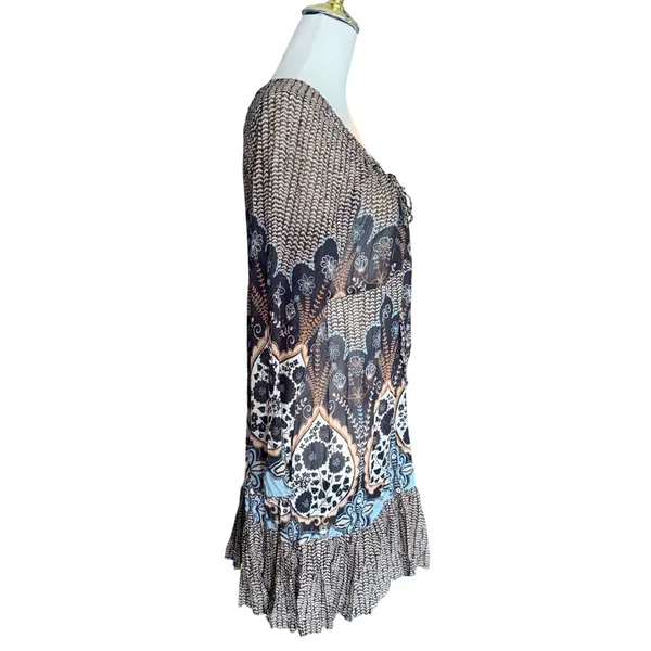Boho Mixed Paisley Floral Print Ruffle Hem Tunic Top Black Blue Tan Tie Neck‎ - Image 5