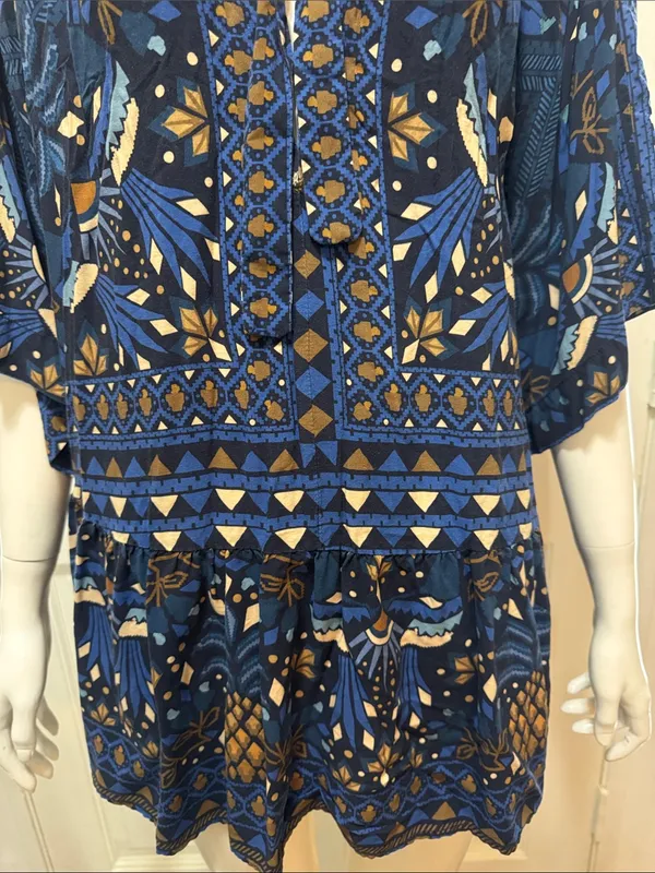 Farm Rio Tropical Magic Blue Patterned Tie-Neck Women’s Dress Size Medium - Image 6