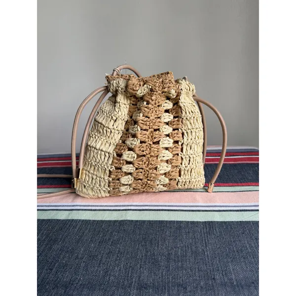 NWT XIIX Straw Bucket Bag Tan Woven Crossbody Coastal Resort Beach Boho - Image 9