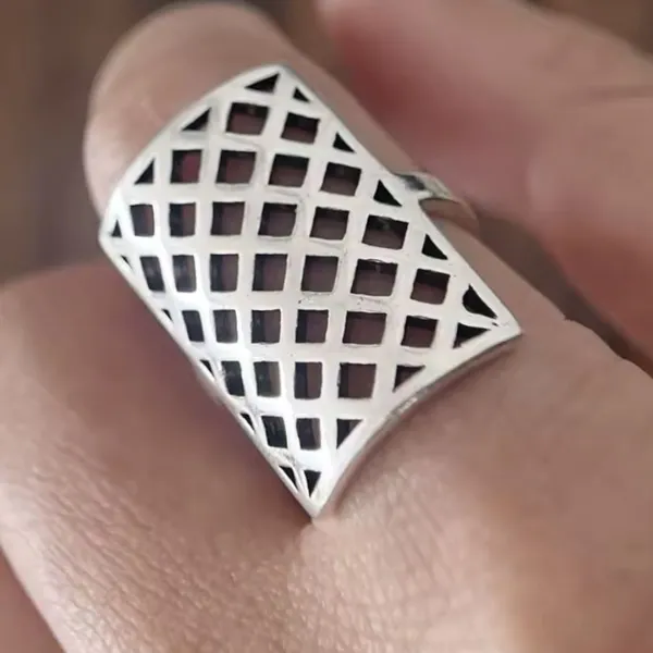 Solid Statement Ring White Gold Plated Sterling Adjustable‎ Lattice Wide Band - Image 3