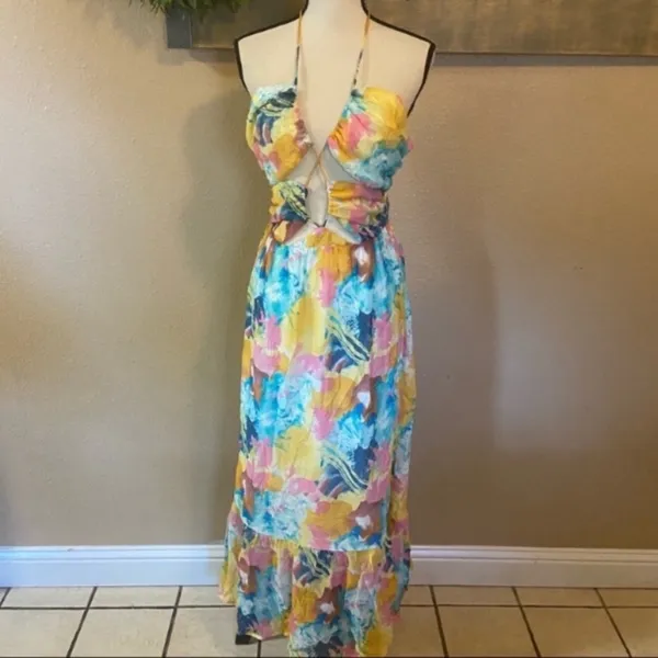 NWOT Lulus Stunning One Multi Abstract Print Drawstring Halter Maxi Dress - Image 11