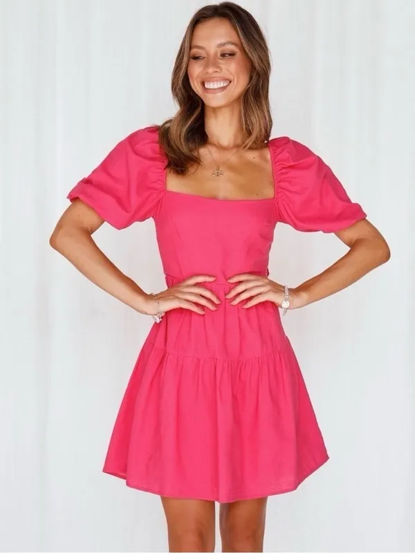 Hello Molly Best Weekend Tie Back Puff Sleeve Dress Pink Size 6 - Image 3