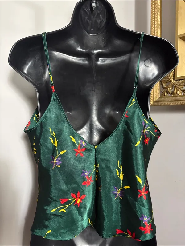 Frederick’s of Hollywood Medium Floral Satin Camisole Tank Top Emerald Green - Image 2