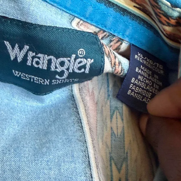 Wrangler Vintage Aztec Brushpopper Navajo Western Cowboy Shirt Turquoise Blue Pearl Snap Rodeo 90s Men XL - measurement in pics - Image 3