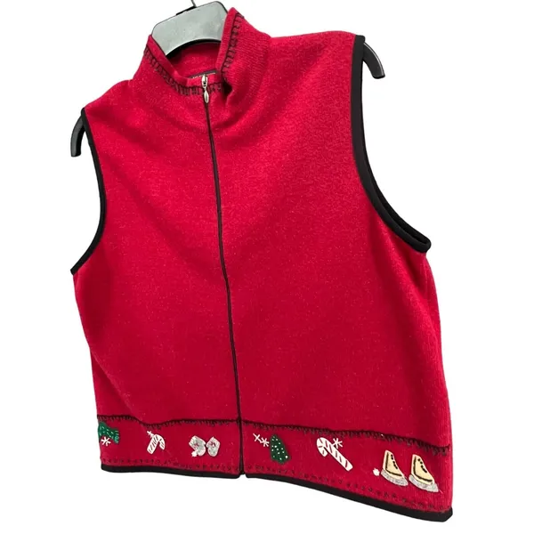 Woolrich Sweater Vest Womens Medium Red 100% Lambswool‎ Holiday Christmas Zip Up - Image 2