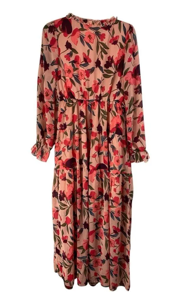 Blencot Women’s M light pink, maroon, red floral bishop long sleeve maxi dress - Image 3