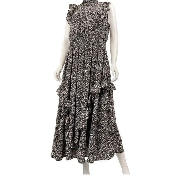 Lulus Evalina Black Floral Midi Dress XL Mock Neck Smocked‎ Waist Fairy Goth - Image 4