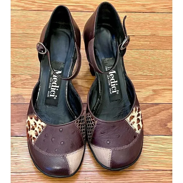 Medici Patchwork Leather Mary Jane Heels Ostrich Snakeskin Leopard Print Size 7 - Image 2