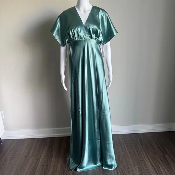Birdy Grey Jesse Dress Sea Glass Green Satin Bridesmaid Slit Flutter Sleeve XS - Image 2