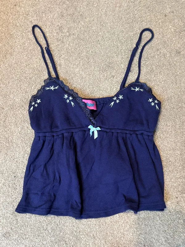 Edikted Navy Blue Dream Babydoll Waffle Crop Tank Top Size S - Image 2