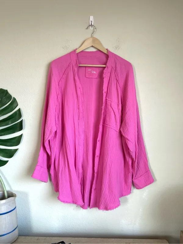 Aerie Pool-to-Party Pink Gauze Oversized Button Down Shirt - Image 2