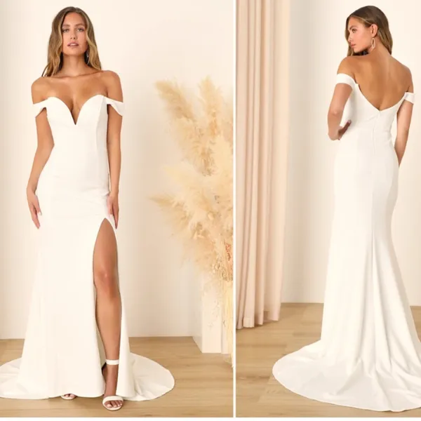 LULU's Bridal Wedding Chic Modern Sexy Off the Shoulder Minimalist Mermaid Gown - Image 2