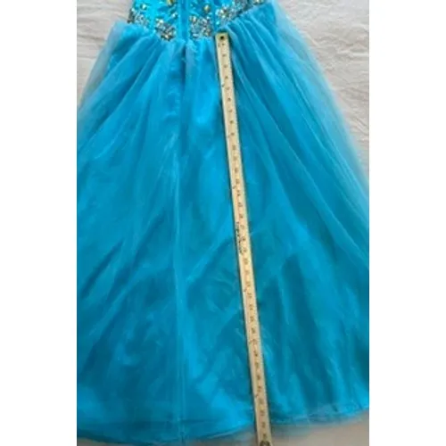 Aqua Blue Rhinestone Embellished Tulle Prom Gown Corset Back Sweetheart Dress - Image 3