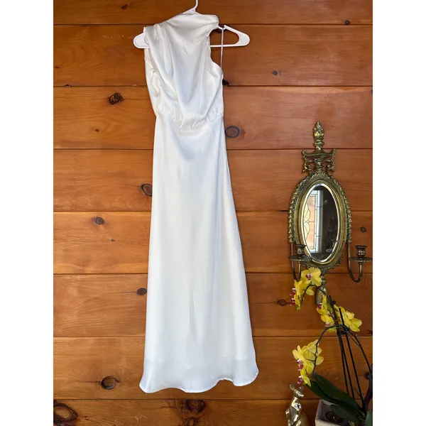 NWT Lulus Distinctive Charm White Satin Asymmetrical Midi Dress Wedding Size M - Image 3