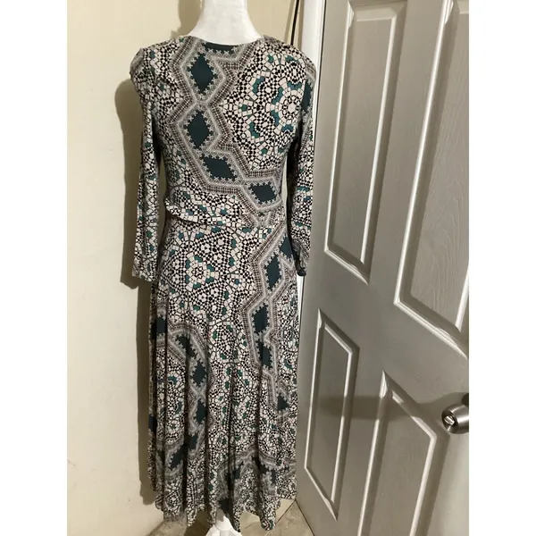 Maeve Dress Womens Small Green Geometric Mosaic Print Long Sleeve Wrap Boho - Image 3