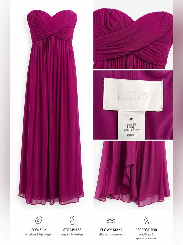 J.Crew 100% Silk Strapless Pleated Maxi Dress Magenta Fuchsia Wedding Guest - Image 7