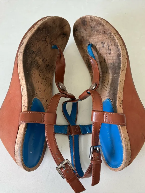 Lauren Ralph Lauren Flip Flops Ankle Strap Cork Wedge Sandals Womens Size 6 Blue - Image 9