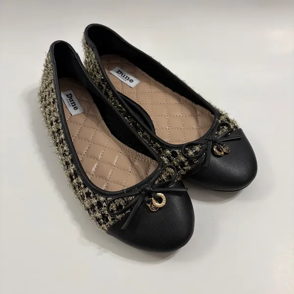 Dune London Hallo Ballet Flats 8 Black Gold Tweed Metallic Bow Logo Charm - Image 2