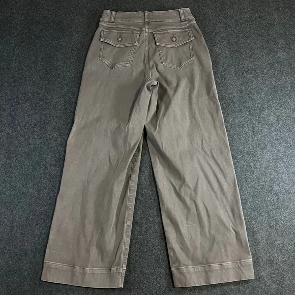 Spanx Stretch Twill Wide Leg Crop Pants Taupe Brown High Rise Button Detail M - Image 2