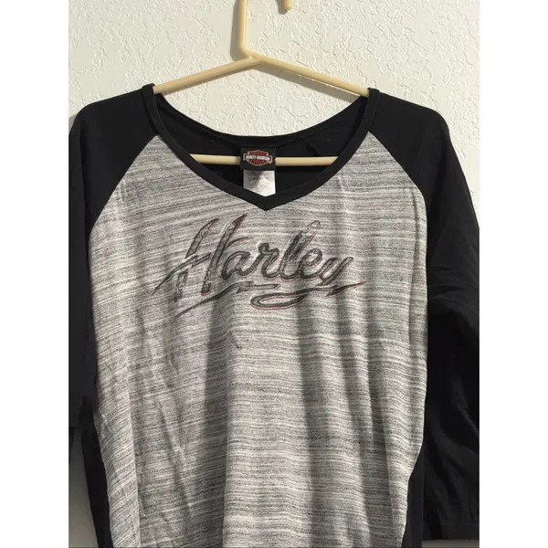 Harley Davidson Gray Black Long Sleeve V-Neck Tshirt Women's 2x shirt - Image 2