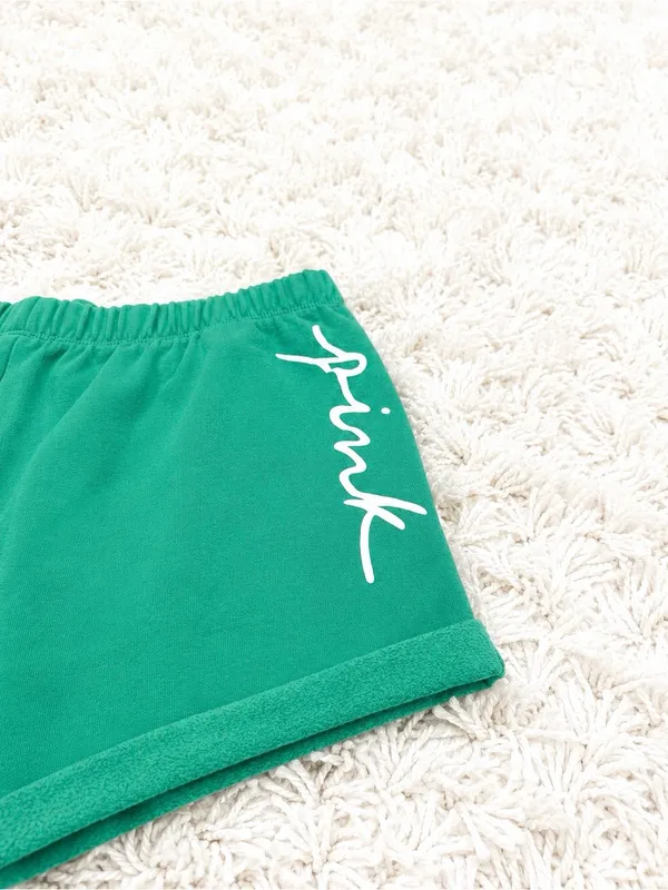 PINK Victoria's Secret Green Lounge Shorts with White Script - Image 5