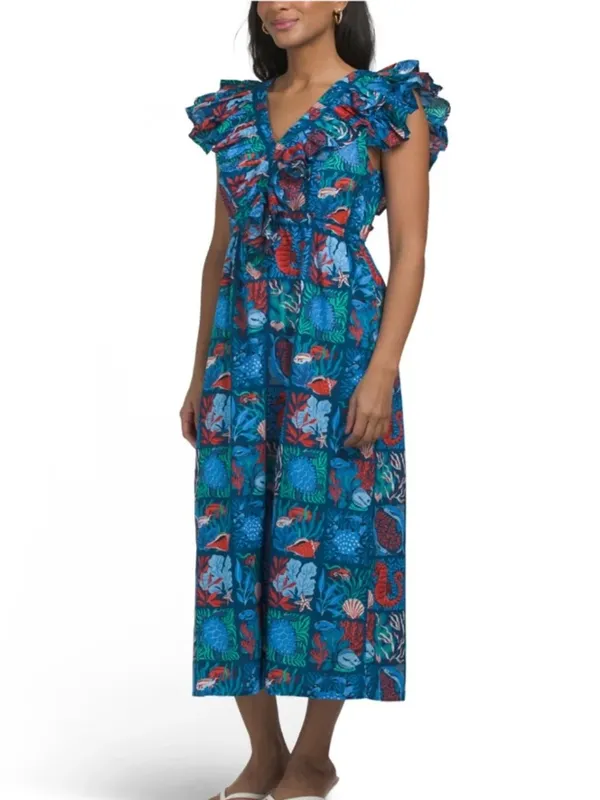 Printfresh Lola Midi Dress ruffle Nautical Tiles Seaside ocean animals fish reef - Image 8
