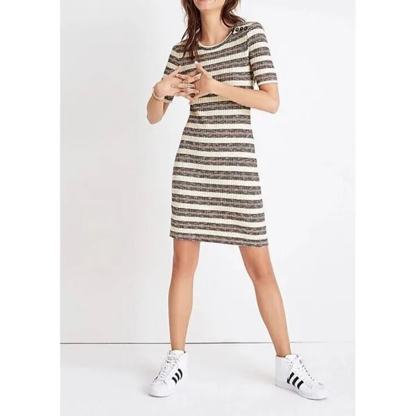 Madewell Lawton Stripe Rib Knit Sheath Mini Dress Medium M Button Shoulder - Image 3