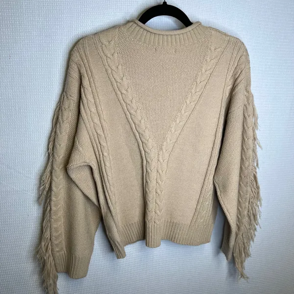 New Look Womens XL Beige Cable Knit‎ Fringe Sleeve Crew Neck Sweater - Image 4