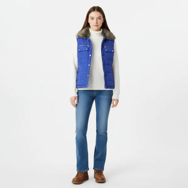 Activology Blue Fur Trim Zip Up Quilted Sleeveless Puffer Vest L - Image 6