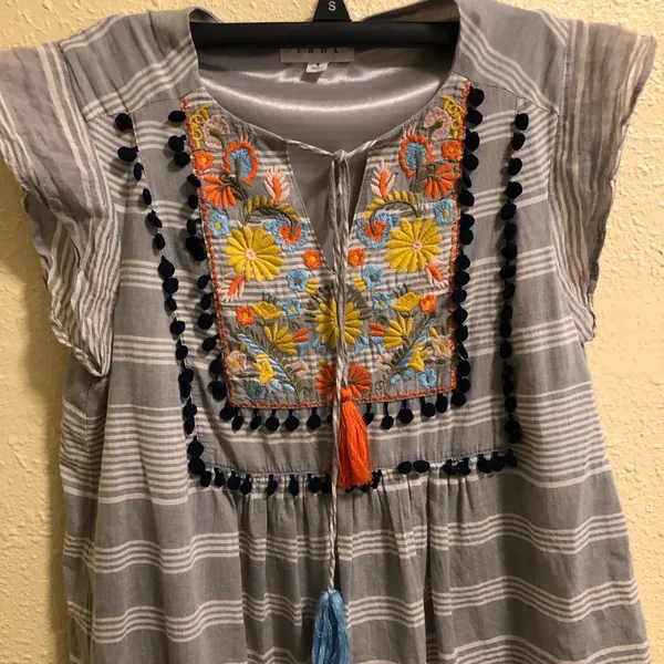 🛍️THML Embroidered Detailed Cap Sleeve Cotton Dress with Pom-pops S - Image 2