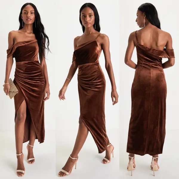 Lulus Brown Velvet Asymmetrical Tulip Midi Dress Womens XS EUC Sultry Romantic - Image 2