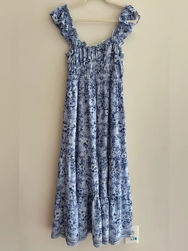 Max Studio Ruffle Cap Sleeve Tiered Maxi Dress, Light Blue Floral, Size Small - Image 2