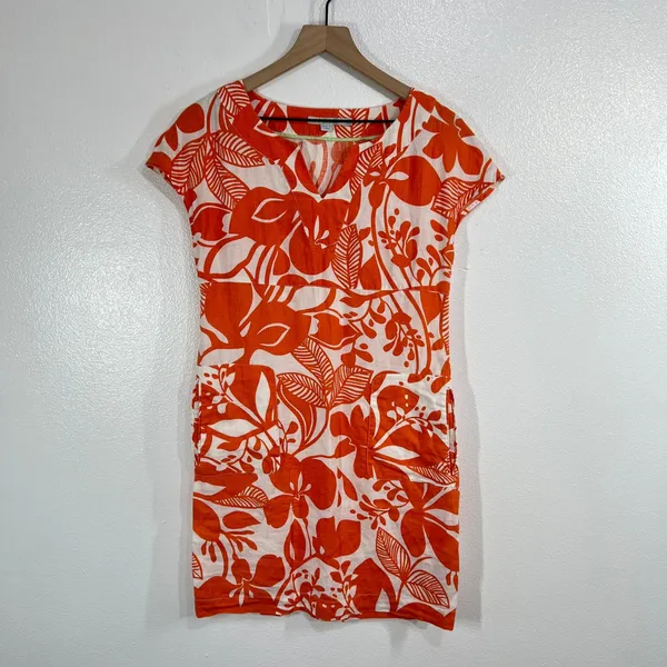 Boden Notch Neck Shift Dress 100% Linen Orange/White Tropical Floral Print‎ - Image 3
