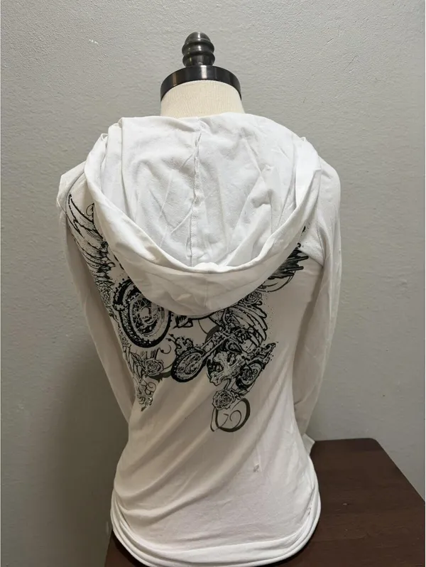 Vintage Y2K Hooded Long Sleeve Sz M White & Black Grunge - Image 3