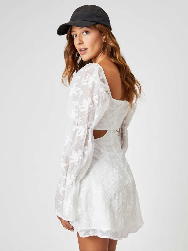 NWT Cider Floral Jacquard Cut Out Long Sleeve Puffy Mini White Dress Size Small - Image 2