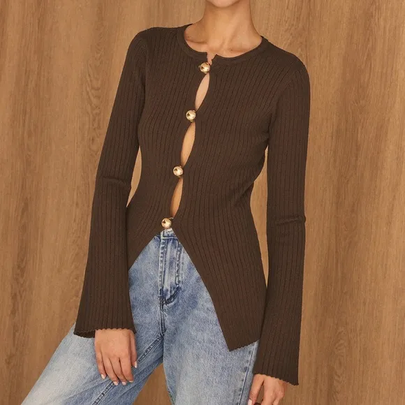 Commense Golden Button Split Knit Top size L Brown Size L - Image 2