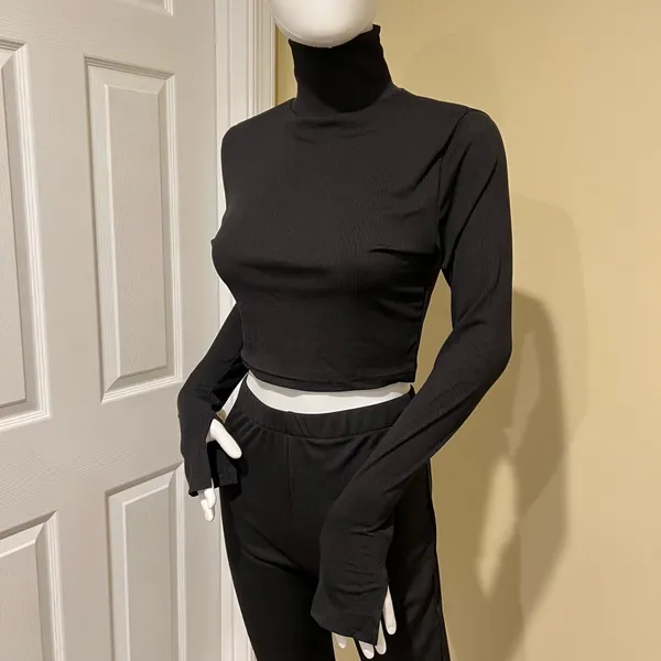Knit Two Pieces Set Crop Top Mock Neck Blouse High Waist Flare Pants High Rise - Image 3