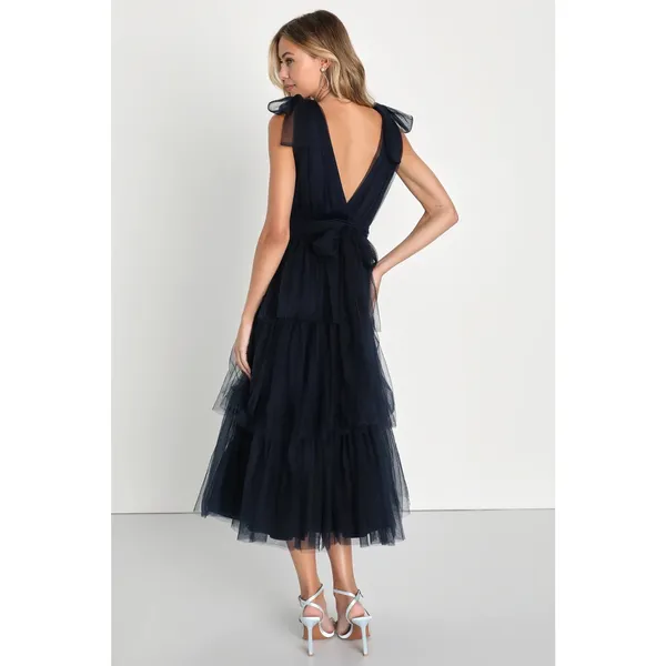 NWT Lulus Flawless Arrival Navy Blue Tulle Tie-Strap Tiered Maxi Dress Size L - Image 4