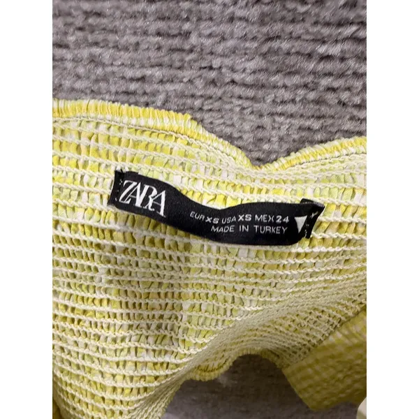 Zara Women Crop Top XS Yellow Gingham Puff Sleeve Front Tie Smocked Back - Image 5