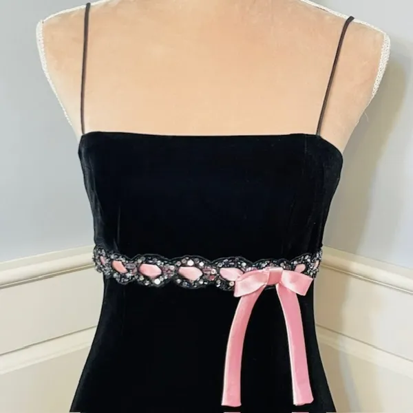 Betsy & Adam Vintage Black Velvet Mini Dress Pink Bow 6 XS - Image 5