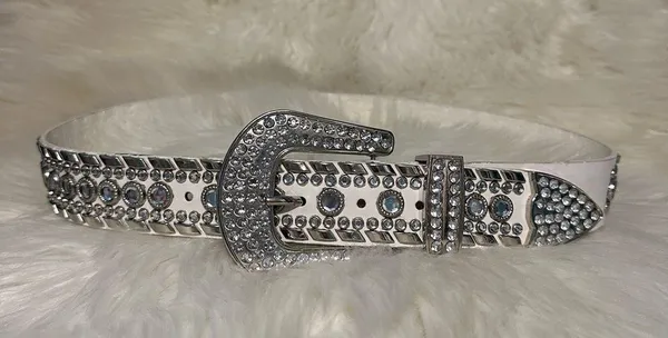 White Chunky Bedazzled Western Style Belt Small - Image 2